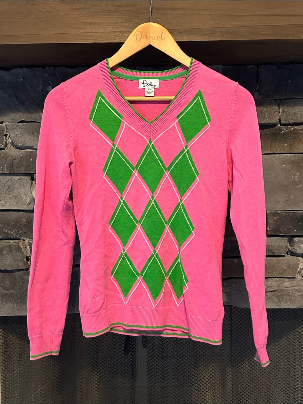 Lilly Pulitzer Hot Pink V-Neck Sweater with Green Argyle